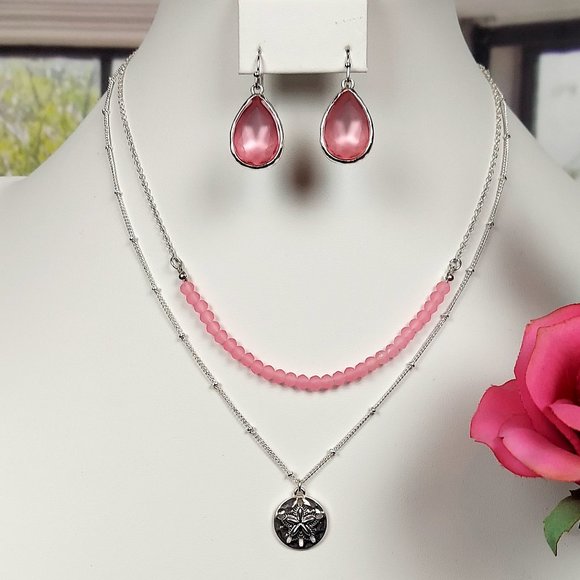 NIB AVON 2 TIER SILVER TONE SAND DOLLAR NECKLACE AND EARRING SET (PINK) - Picture 2 of 14